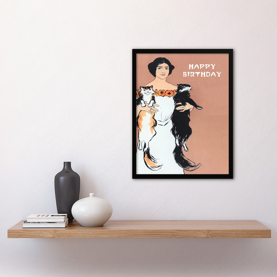 image 1 of Edward Penfield Framed Wall Art Print Woman Holding Two Cats Drawing Home Décor