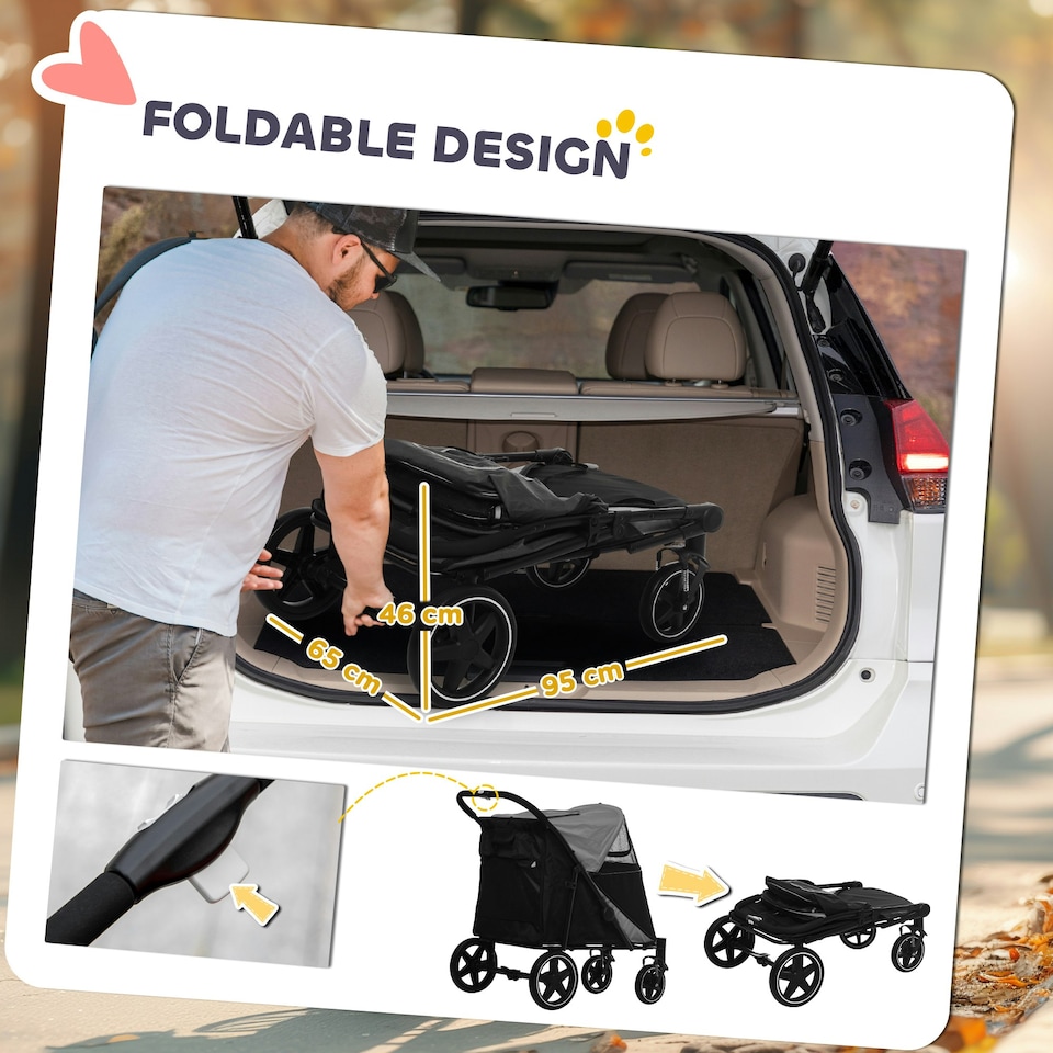 image 1 of PawHut Foldable Dog Carriage w/ Universal Wheels, Shock Absorber - Black
