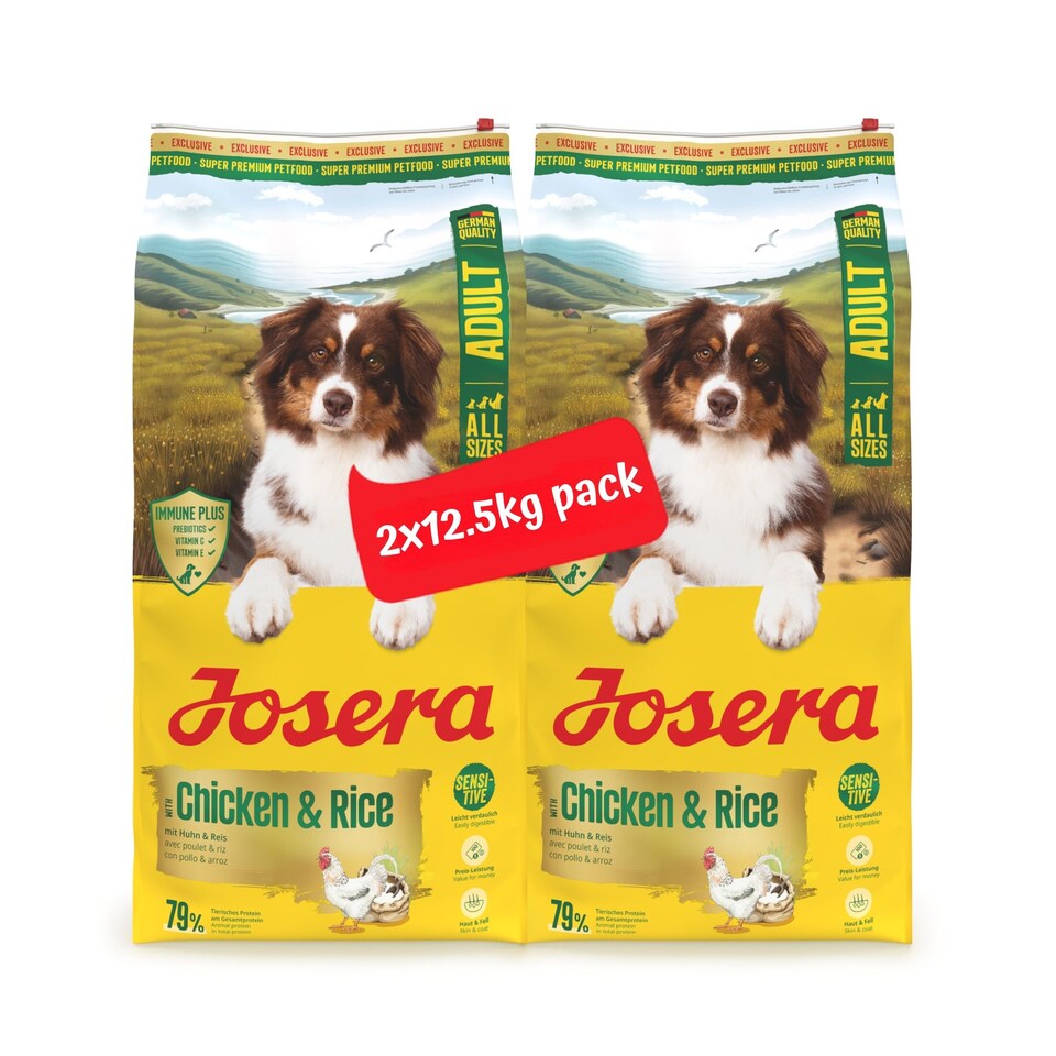 image 1 of Josera Adult All Sizes Chicken & Rice complete maintenance dog food | Lots of meat | Gluten-free | Immune Plus | Skin & Coat | Optimal digestion | 2x12.5kg pack
