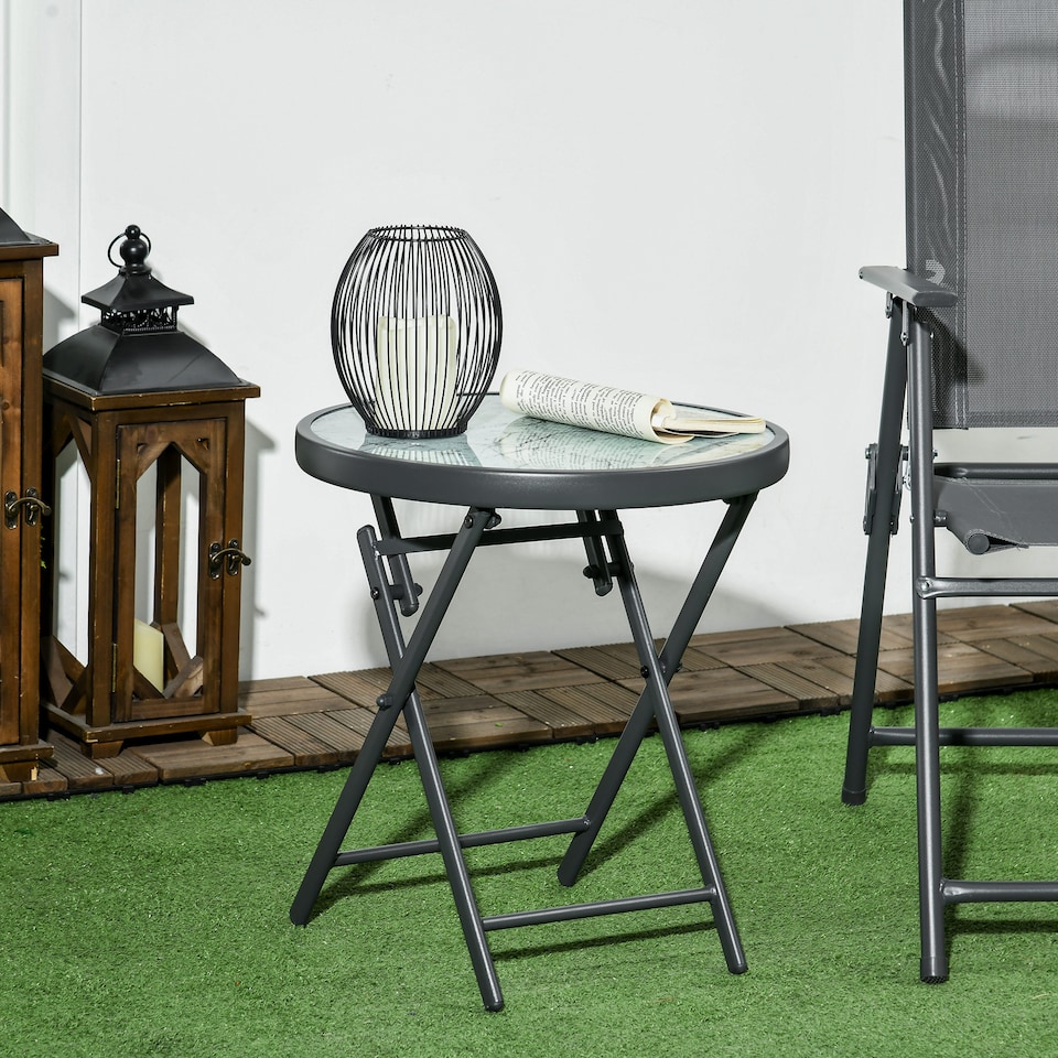 image 1 of Outsunny Round Folding Side Table w/ Imitation Marble Glass Top, White