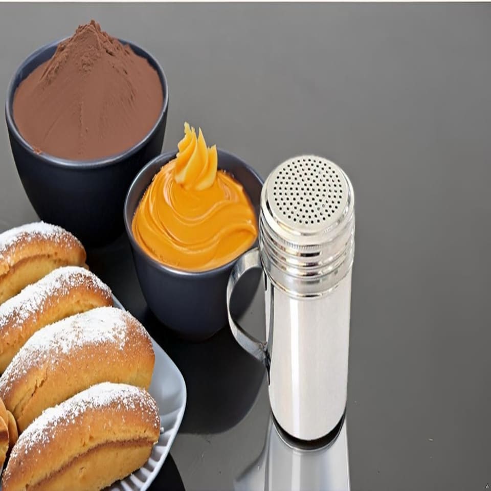 image 1 of Stainless Steel Dredger Shaker with Handle- Perfect for Shaking Cocoa, Flour Sugar Over Drinks or Dishes.-10 oz.