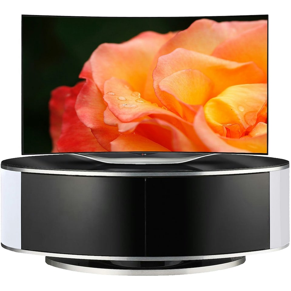 image 1 of MDA Designs LUNA Gloss Black Oval Cabinet with White Profiles and Black BeamThru Glass Doors Suitable for Flat Screen TVs up to 50" | Multi | 1