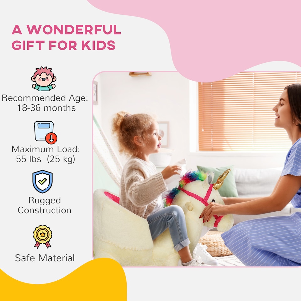 image 1 of AIYAPLAY Rocking Horse, Unicorn Rocking Horse with Realistic Sounds, Safety Belt, Wooden Base, Plush Ride on Unicorn, for Ages 18-36 Months, Cream White