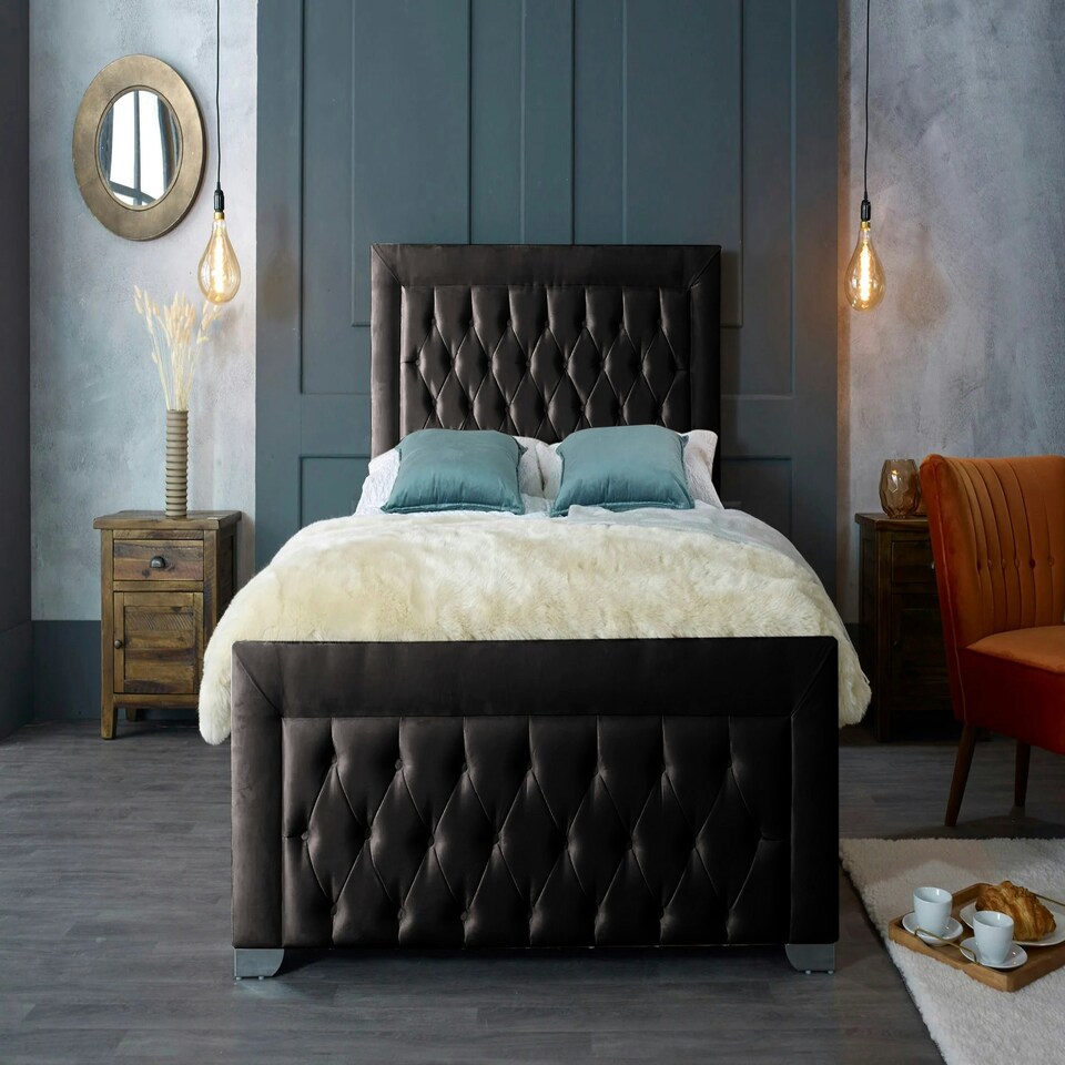 image 1 of Gelson Plush Black King Bed Frame - Black