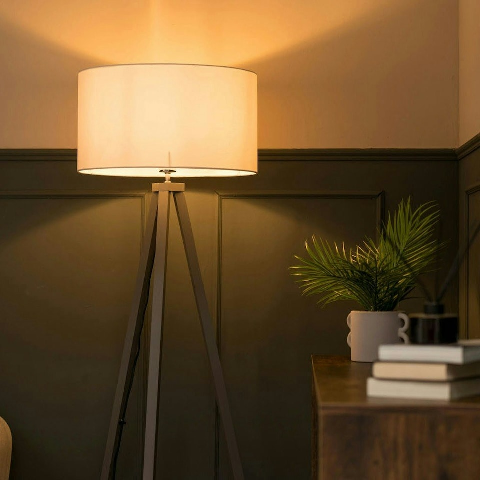 image 1 of ValueLights Barbro Grey Wood Tripod Floor Lamp White Shade