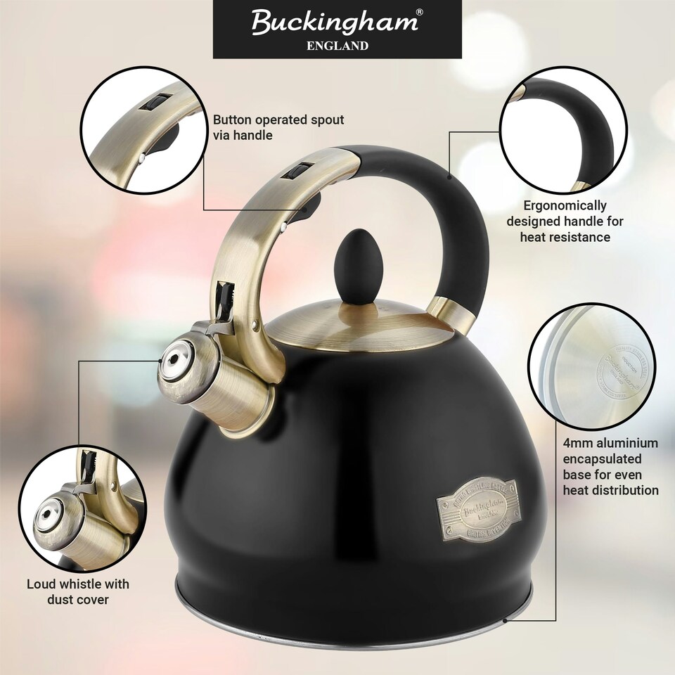 image 1 of Buckingham Stainless Steel Retro Whistling Kettle 3.4 Litre Black