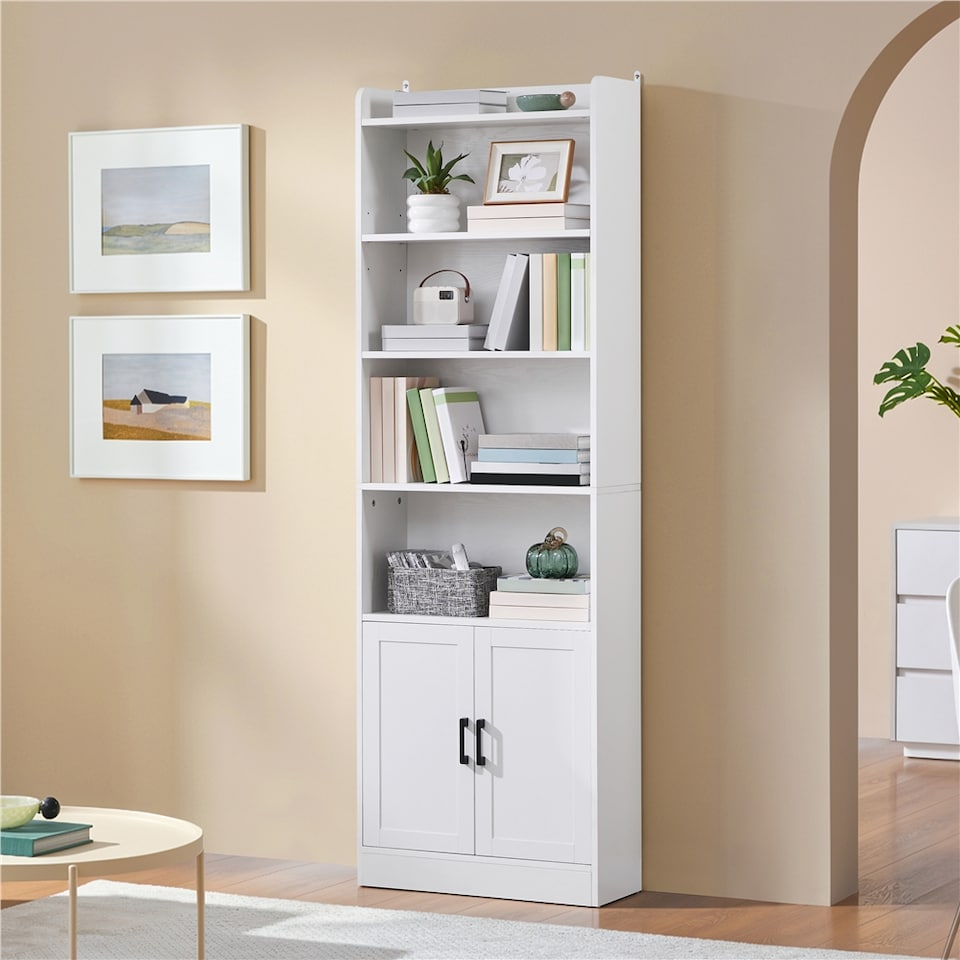 image 1 of Yaheetech 7-Tier Tall Bookcase with 2-Door Cabinet-White