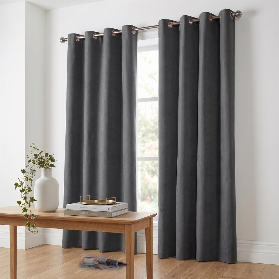image 1 of Velvet Chenille Eyelet Curtains Ready Made Pair - 142cm x 137cm - Slate