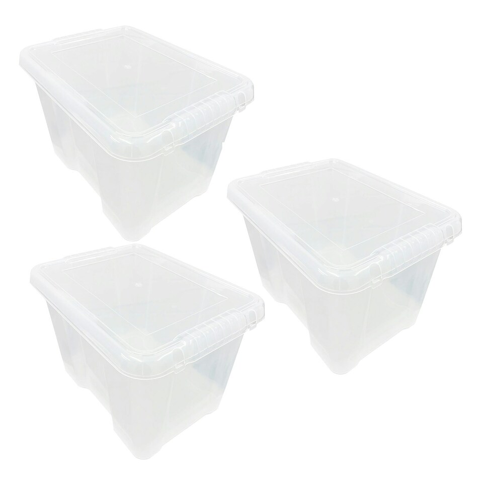image 1 of 3 x 24 Litre Clear Plastic Storage Containers With Lids Ideal For Home & Office Use Clear