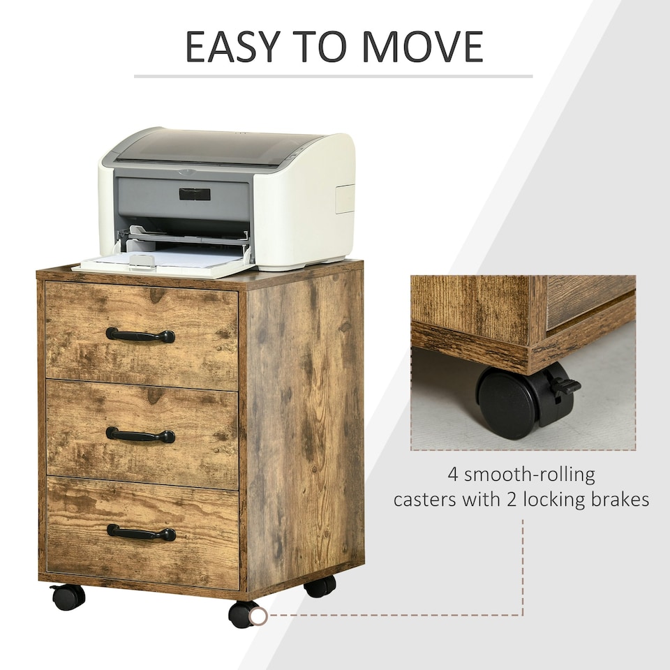 image 1 of HOMCOM File Cabinet with 3 Drawers, Under Desk Mobile Filing Cabinet Brown