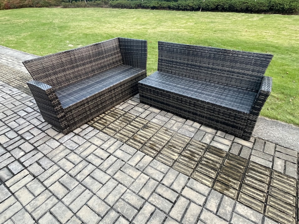 image 1 of Fimous 6 Seater Garden Rattan Furniture Corner Dining Set Rectangular Dining Table Indoor Outdoor Lounge Sofa Set Dark Grey Mixed