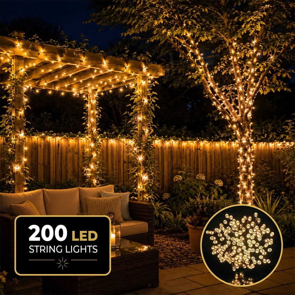 image 1 of Coopers Of Stortford Solar String Lights 200 LED 21.9m 8 Light Effects