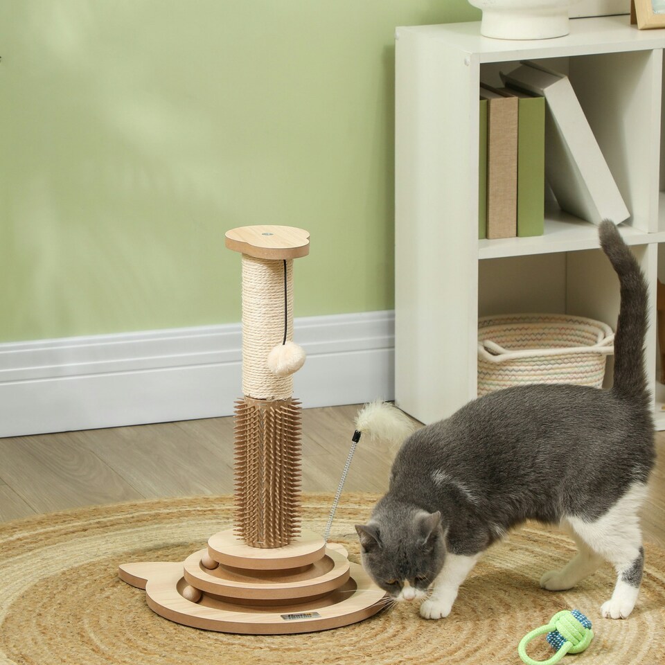 image 1 of PawHut Cat Scratcher, 5-in-1 Sisal Post with Interactive Toy 49cm Oak Tone