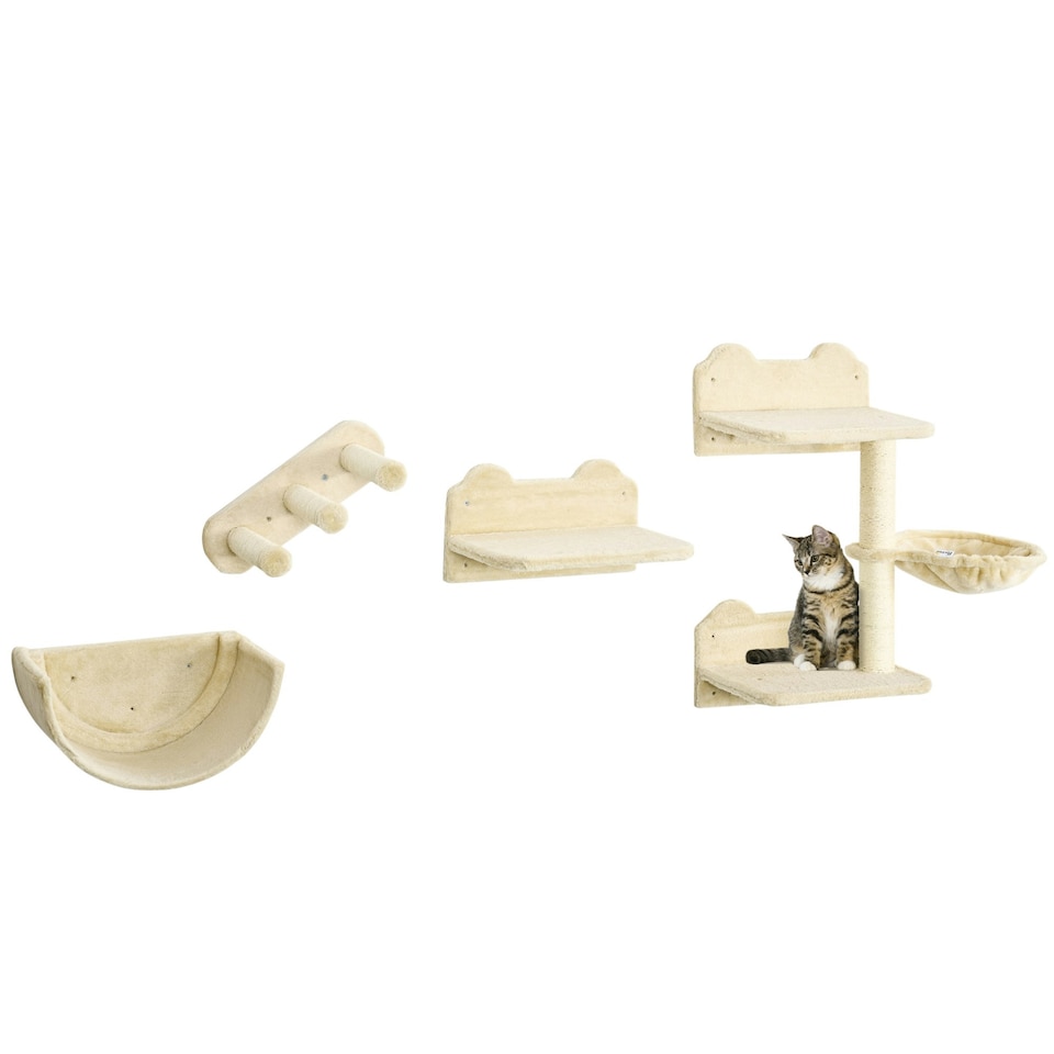 image 1 of PawHut Wall Mounted Cat Tree 4PC Kitten Activity Centre with Sisal, Beige