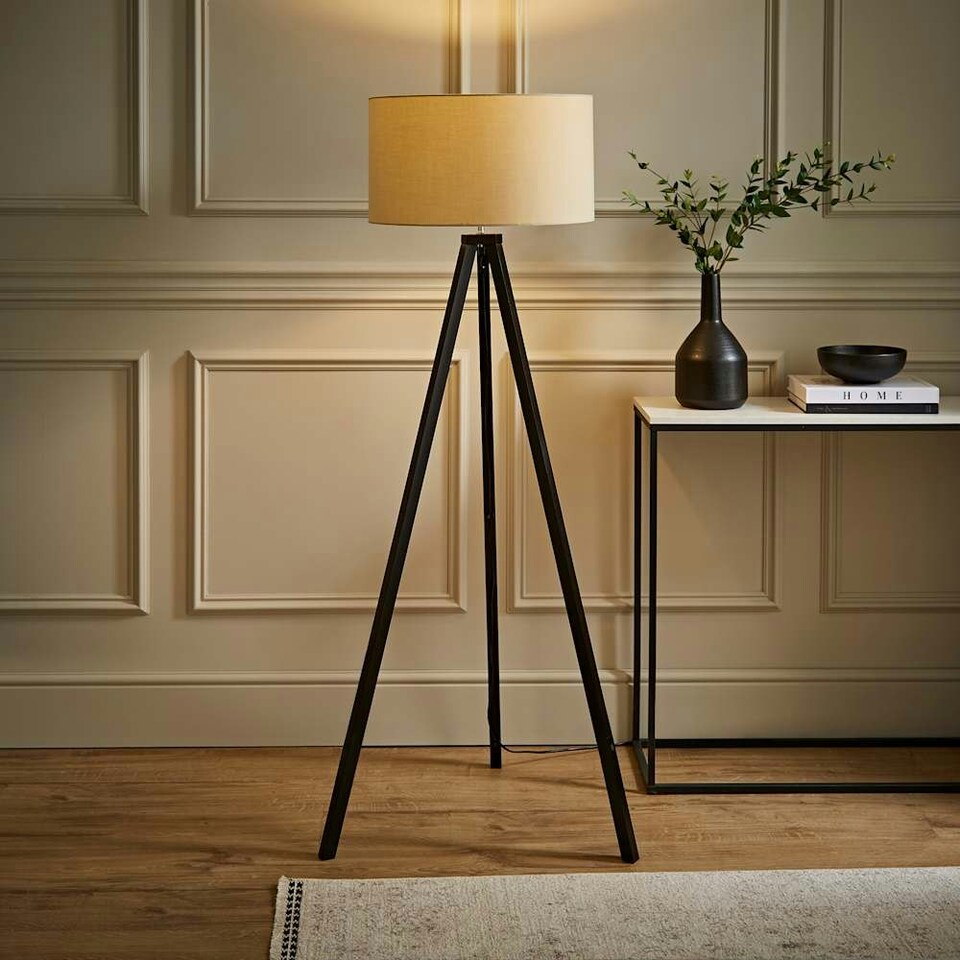 image 1 of ValueLights Barbro Black Tripod Floor Lamp Natural Shade Cream