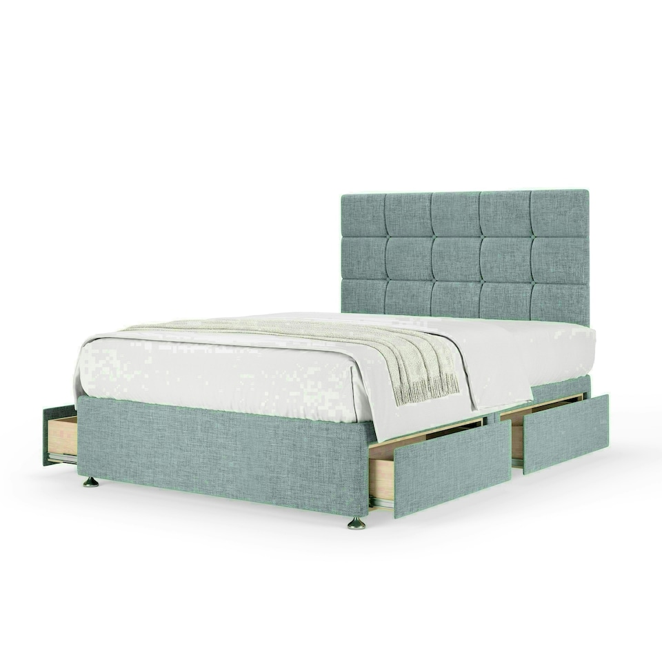Duckegg Linen 4 Drawer Divan Base and Pearl Headboard Super King