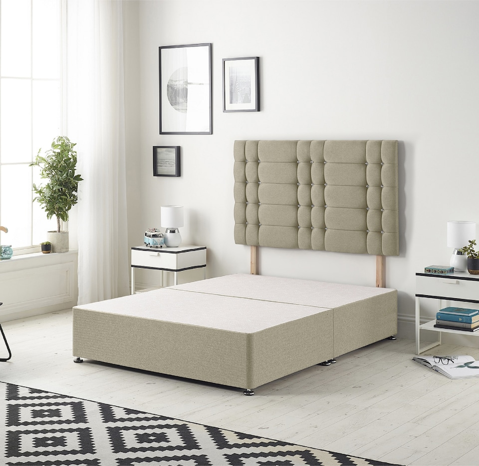 image 1 of Astoria Divan Bed Base with 30 Inch Diamonte Button Headboard Linen Fabric | Brown | Wheat | King