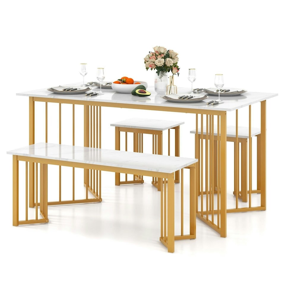 image 1 of COSTWAY 4 Piece Dining Table Set Kitchen Table Bench & 2 Stools White