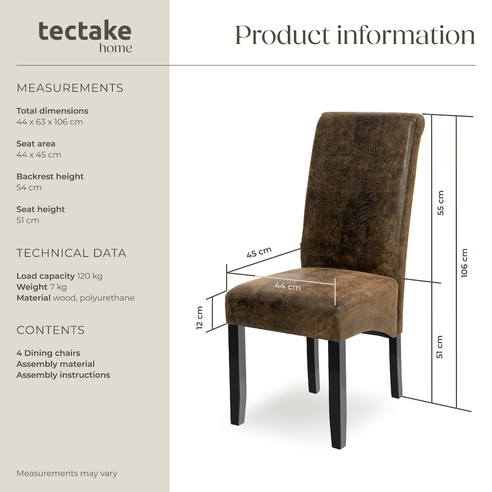 image 1 of Dining Chair - ergonomic seat shape, high backrest, padded, faux leather - Set of 4 Brown | Antique