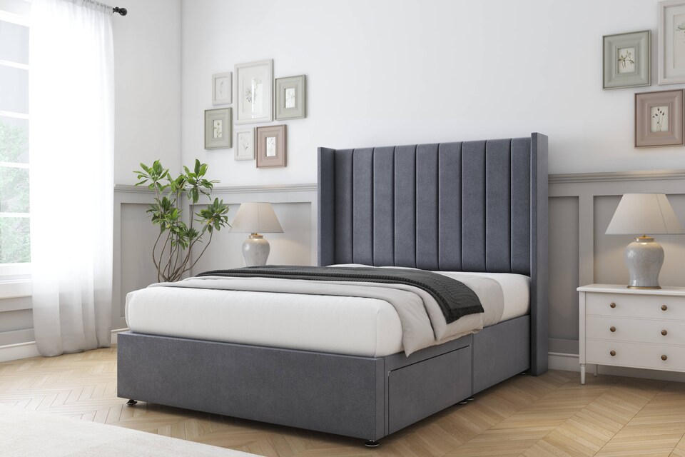 image 1 of Sloomy Falcon Steel Plush Divan Bed Base No Drawers With 54 Inch Wingback Headboard | Grey | Steel | Super King | 1