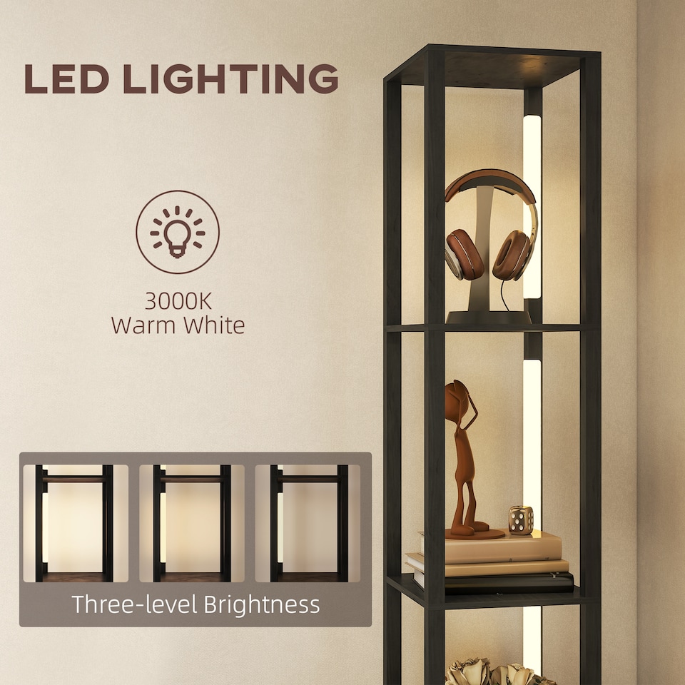 image 1 of HOMCOM Floor Lamp with Shelves, LED Column Modern Standing Lamp with Fabric Drawer, Adjustable Brightness, Foot Switch for Living Room, Bedroom, Office, Black | Black