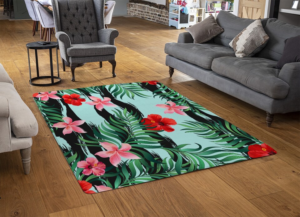 image 1 of Red & Pink Tropical Plants Rug | Multi