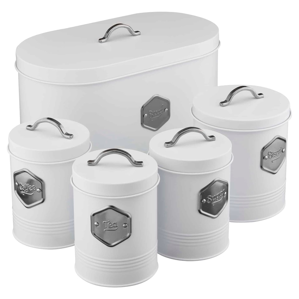 image 1 of Cooks Professional Kitchen Storage Set | 5-Piece | Bread Biscuit Tea Coffee Sugar | White & Silver