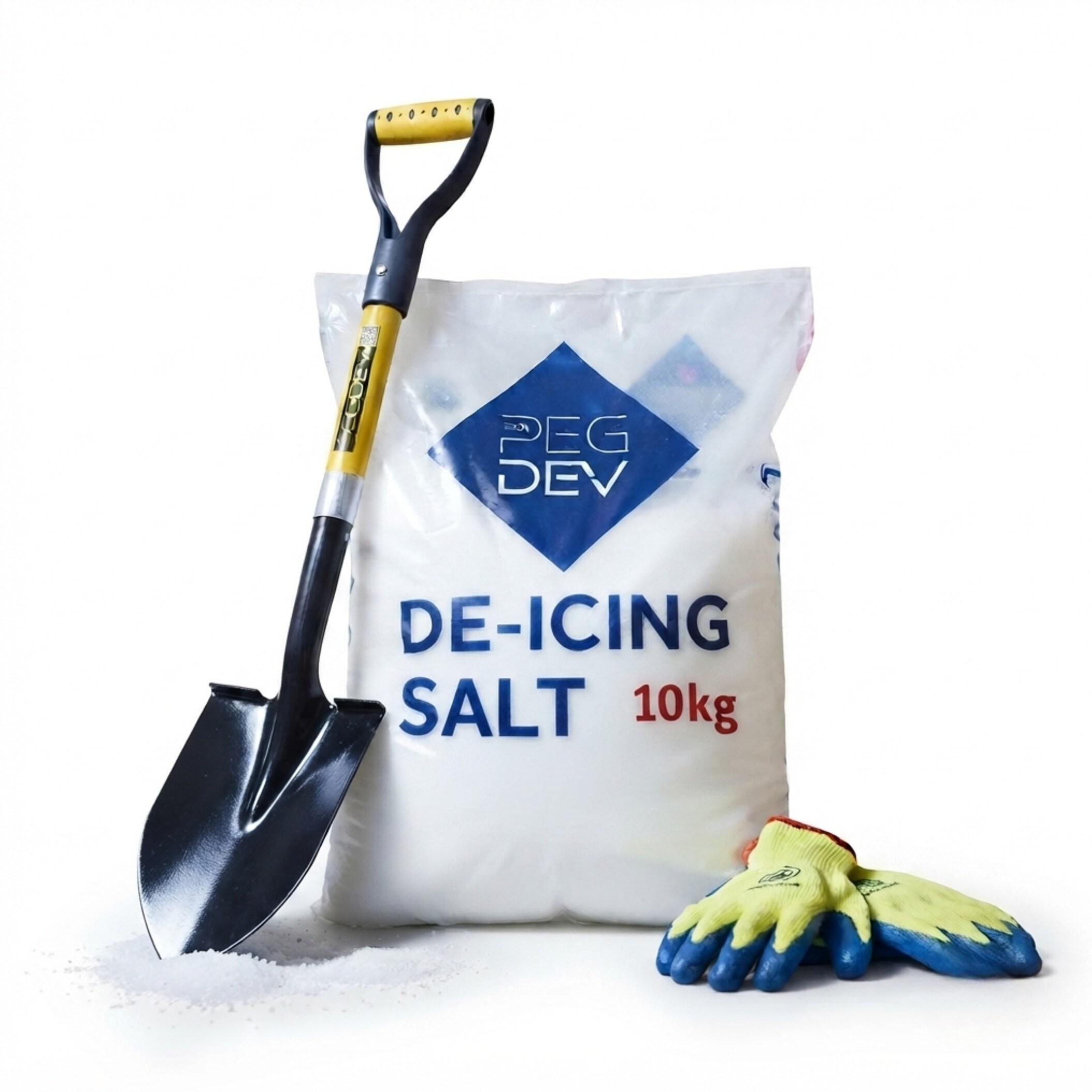 Pegdev 10kg Premium White De-Icing Salt with Round Mouth Snow Shovel and Thermal Gloves