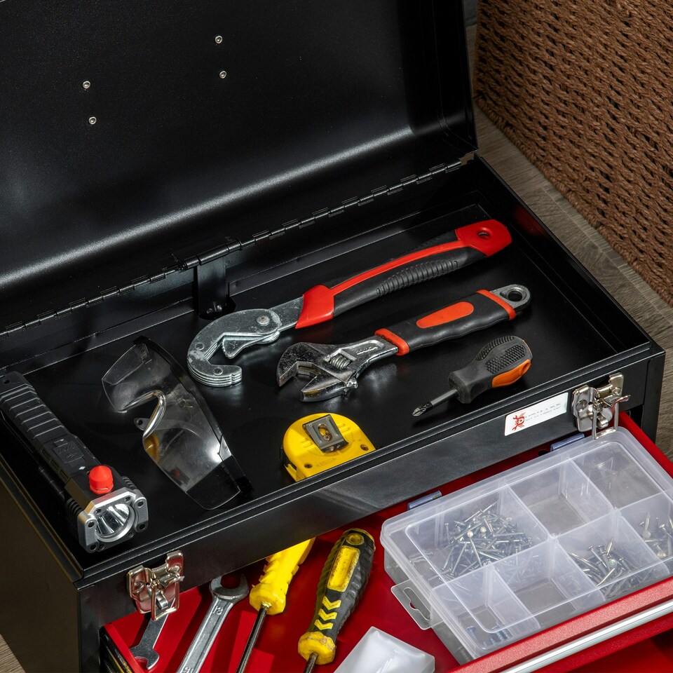 image 1 of DURHAND Lockable 2 Drawer Tool Chest with Ball Bearing Slide Drawers Black Black | Red