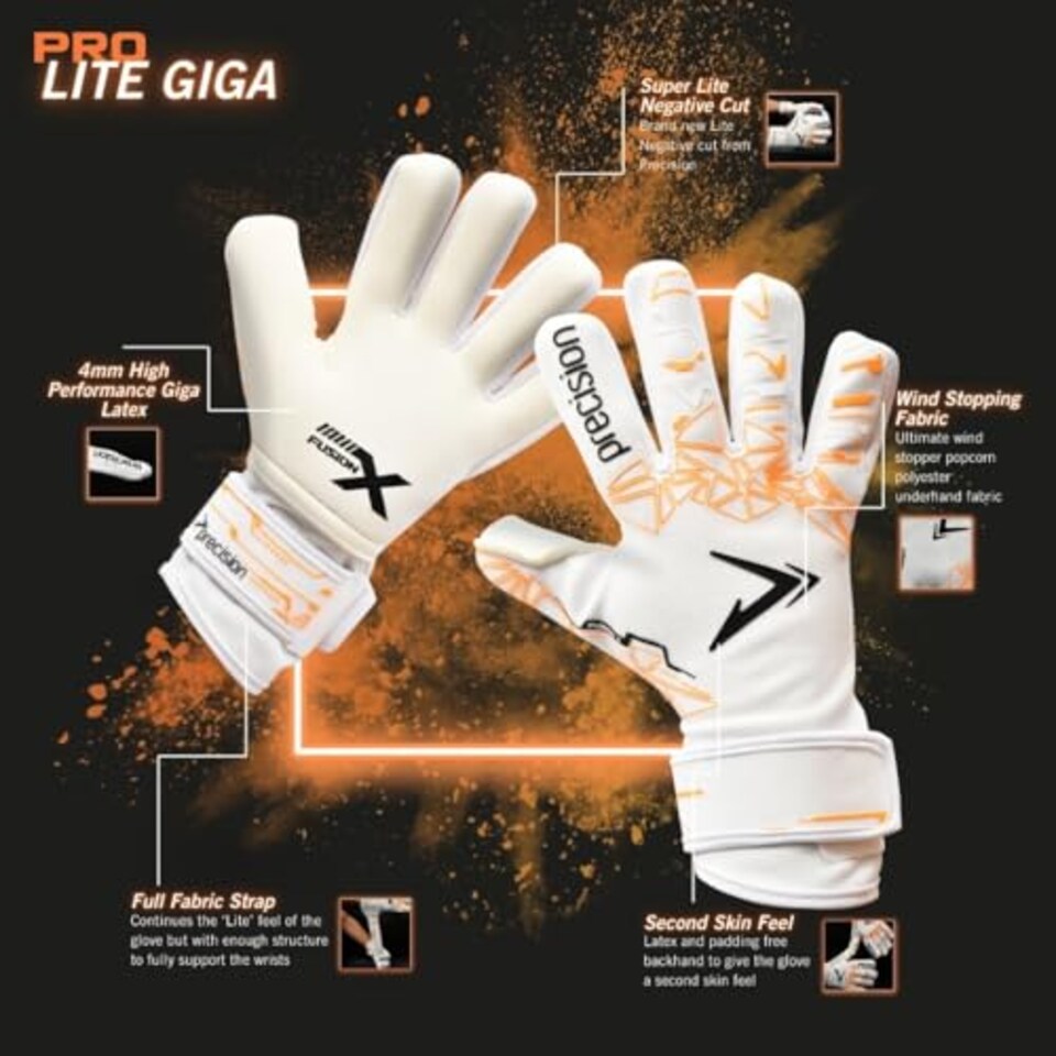 image 1 of ​​Precision Fusion X Pro Lite Giga Professional Football All Ages Goalkeeper Gloves, White Orange, 6