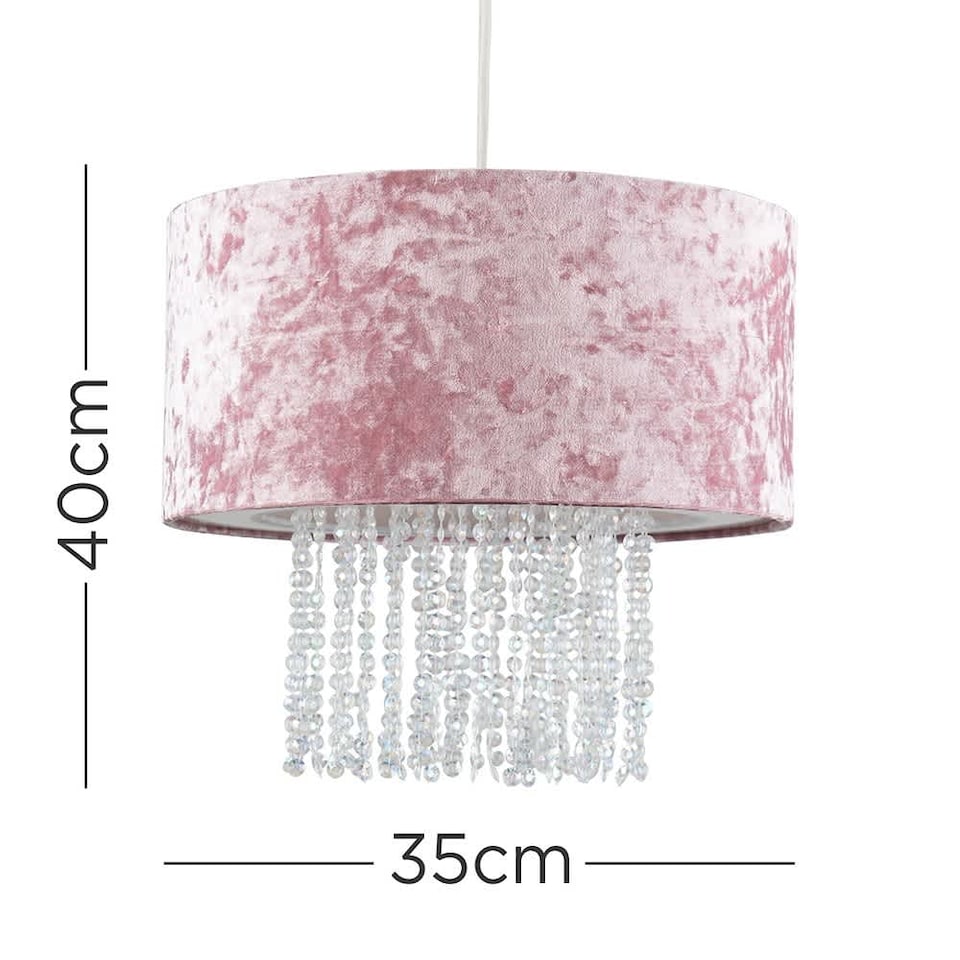 image 1 of ValueLights Pink Velvet Cylinder Ceiling Pendant Light Shade With Clear Acrylic Droplets