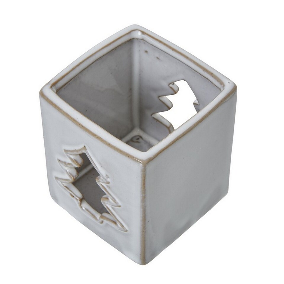 image 1 of Tree Cut-Out Square Tealight Holder - Ceramic - L7 x W7 x H8 cm - White