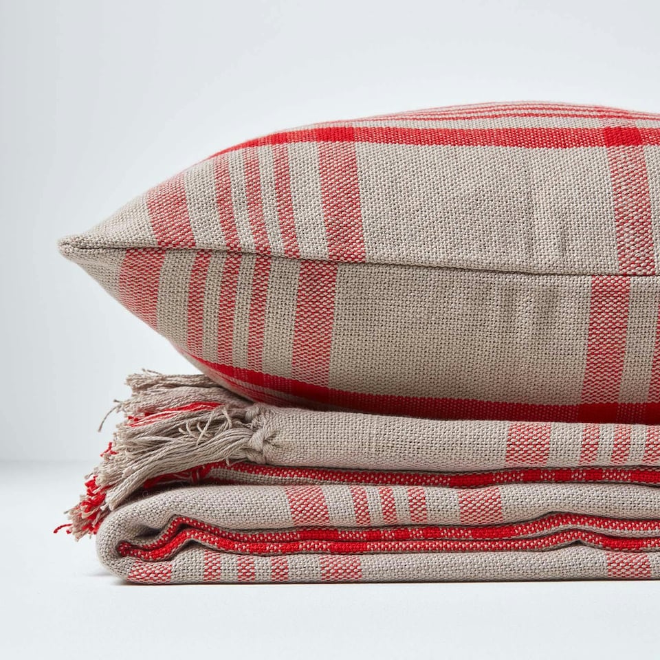 image 1 of Homescapes Grey & Red Tartan Pattern Cushion Cover - 45 x 45 cm | Red | Grey & Red | 45 x 45 cm