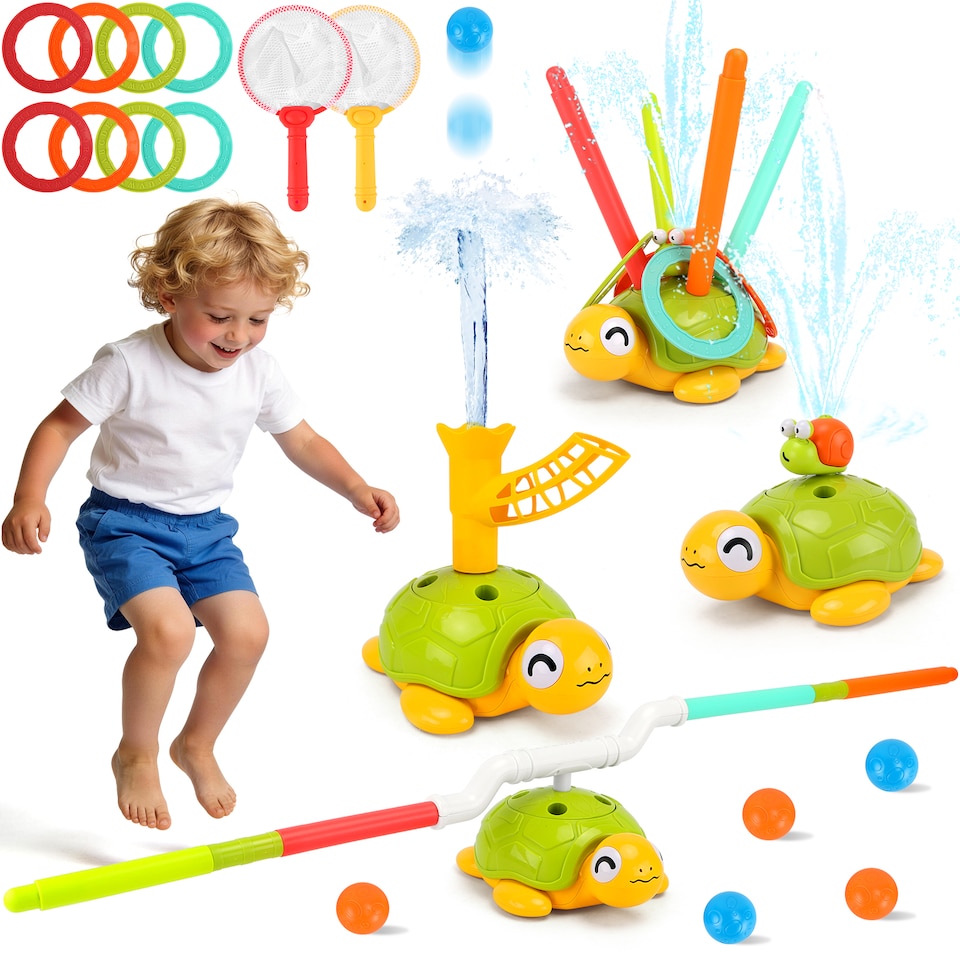 image 1 of Kids Turtle Water Sprinkler Play Set with Rings, Nets & Balls - Outdoor Splash Toy for Toddlers