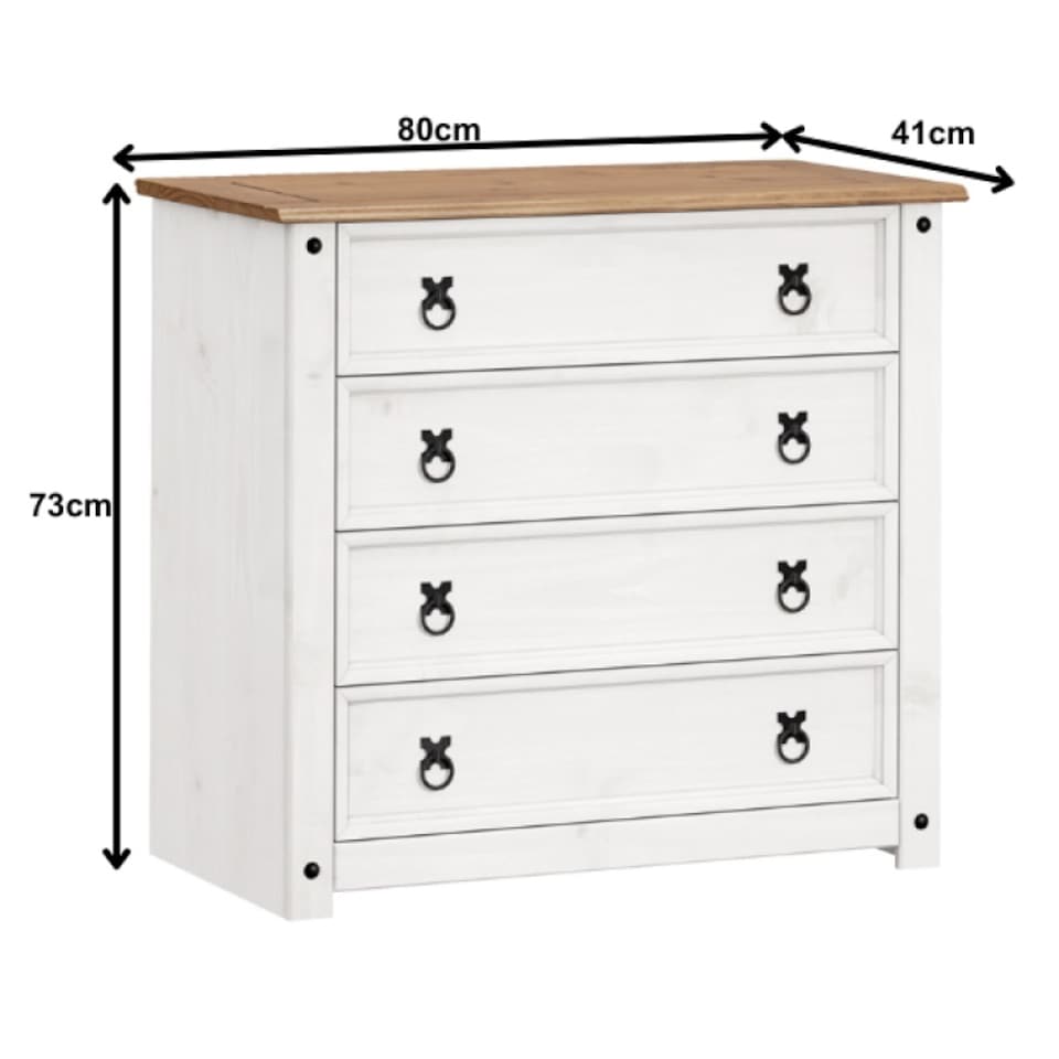 image 1 of Mercers Furniture Corona White Small 4 Drawer Chest Of Drawers Solid Wood Pine Wooden Bedroom with Mexican Styling