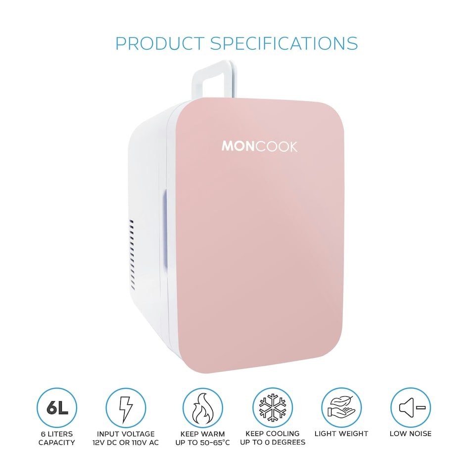 image 1 of MONCOOK Mini Fridge For Bedrooms - Small, Portable & Quiet - Glass Door Mini Fridge For Skincare, Food & Drinks - Cooling & Warming Function - 6L White