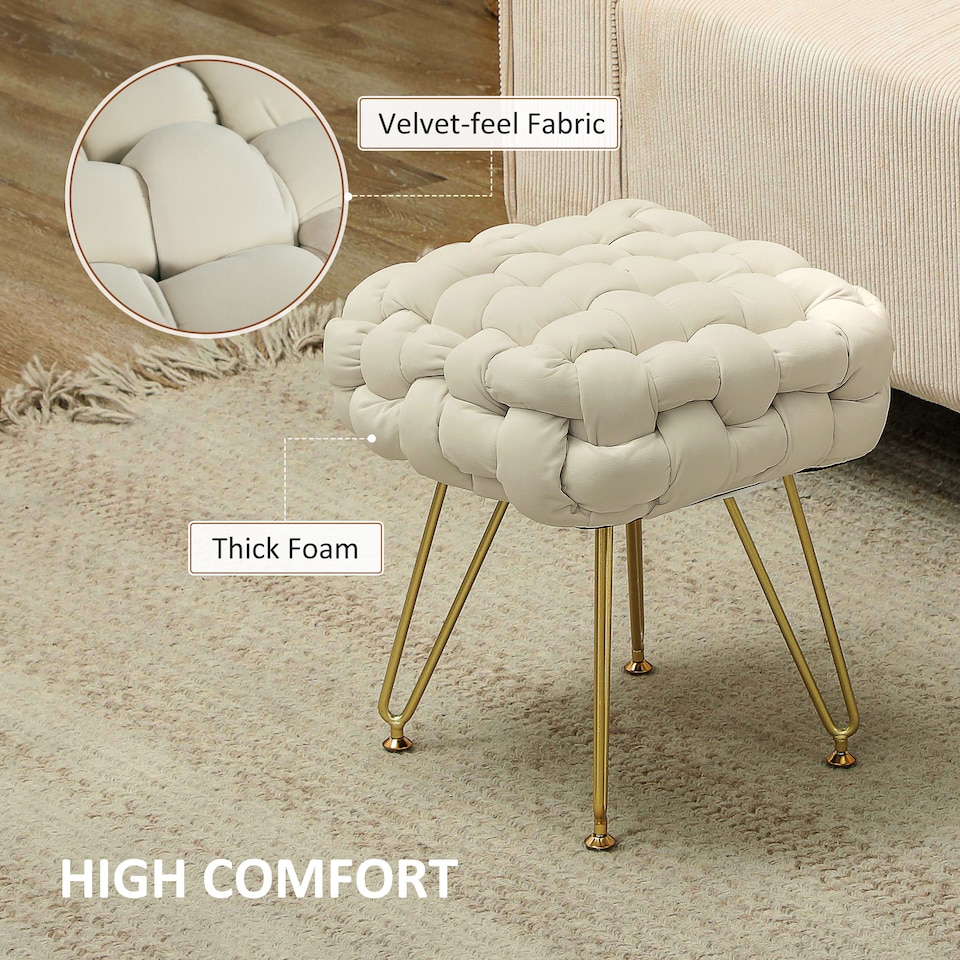 image 1 of HOMCOM Square Foot Stool, Woven Footrest Ottoman with Metal Legs, Padded Makeup Vanity Stool, Velvet Dressing Table Seat for Bedroom, Cream White | Cream | 1