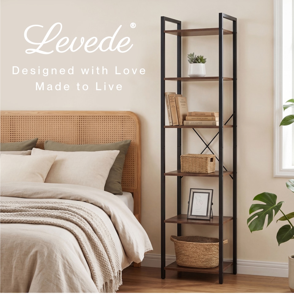 image 1 of Levede Book Shelf 6-Tier Narrow Shelves Space-Saving Steel Bedroom Walnut Brown