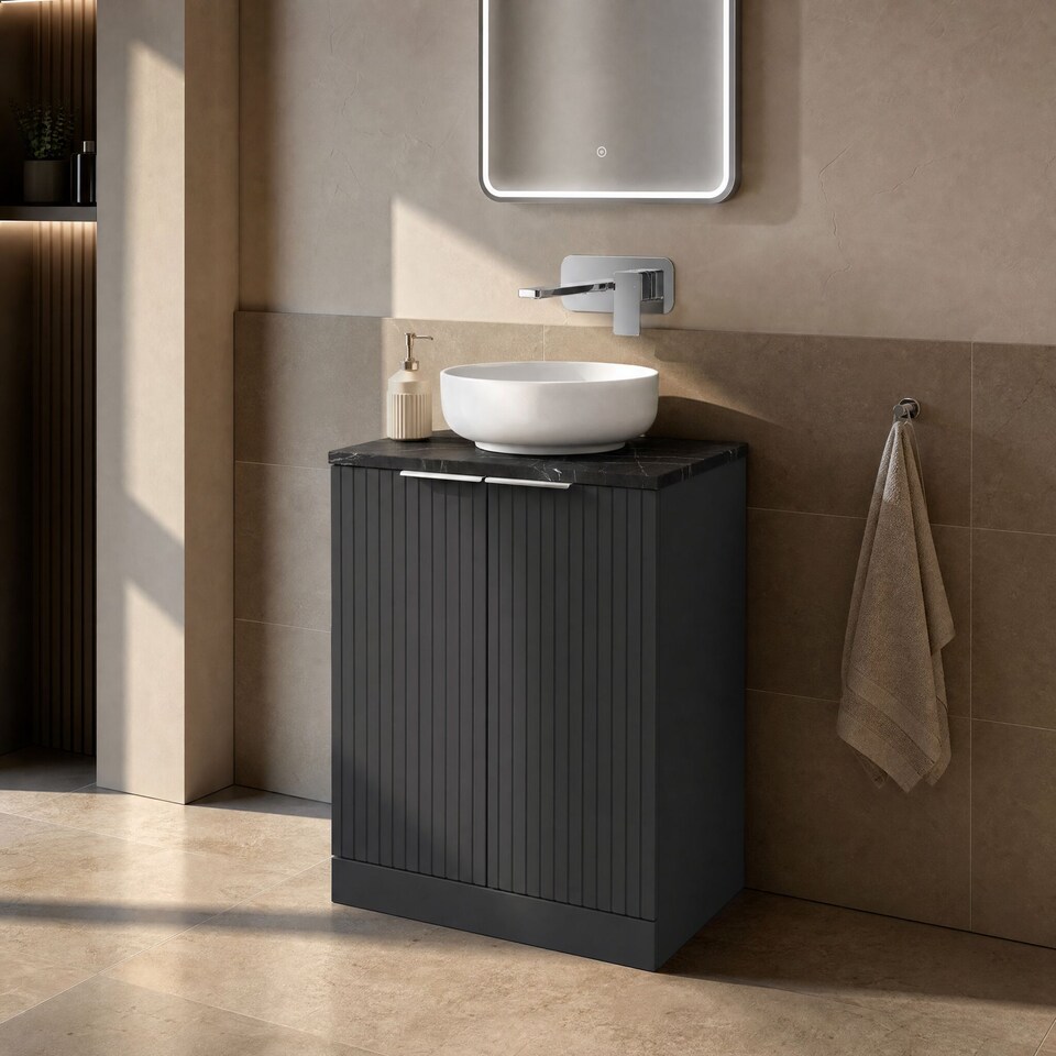 image 1 of Balterley Callingwood Contemporary Floor Standing 2 Door Vanity Unit with Black Pietra Marble Laminate Worktop , 600mm, Dark Grey