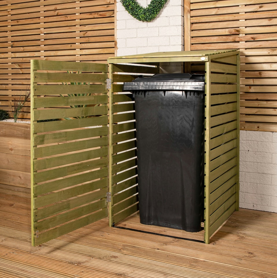 image 1 of 68cm x 1.2m Wooden Outdoor Garden Single Wheelie Bin Store Storage