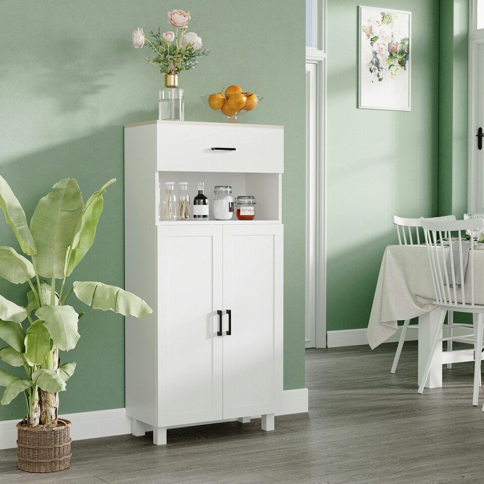 image 1 of HOMCOM Kitchen Cupboard Storage Cabinet with Drawer, Countertop, White