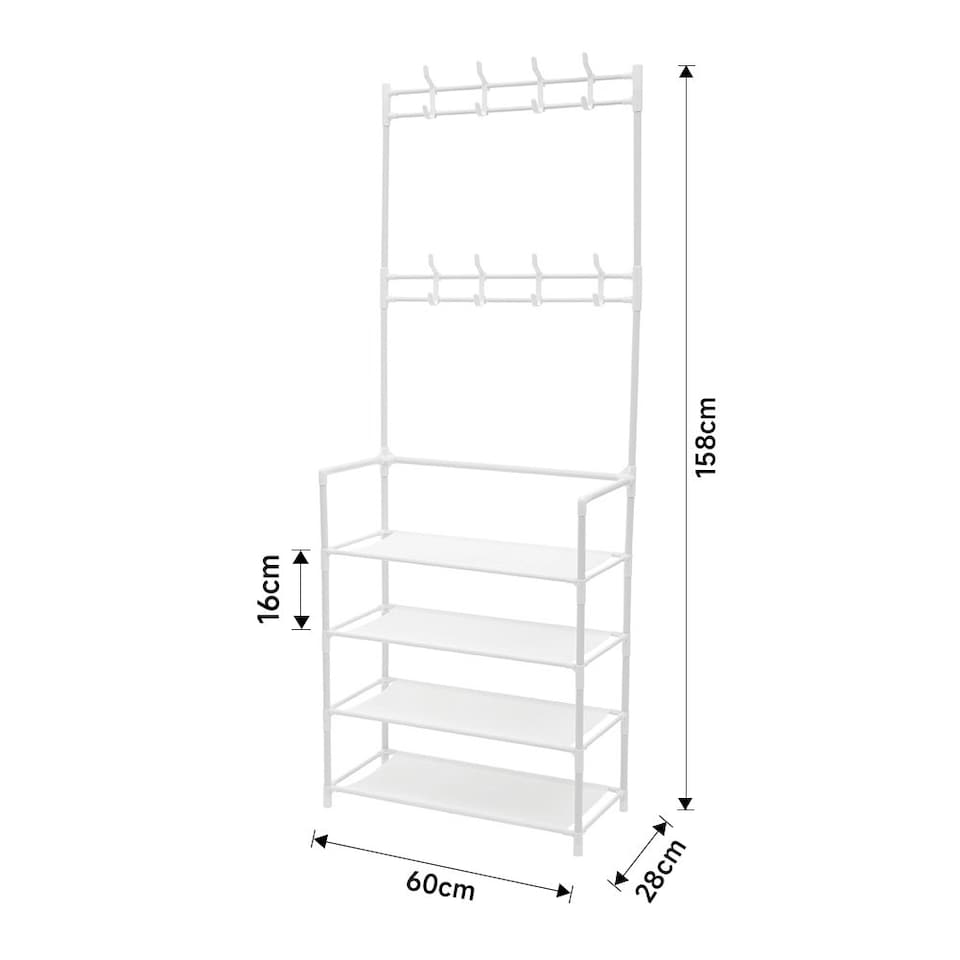 image 1 of Living and Home 4-Tier Metal Shoe Rack with Hooks for Entryway - White