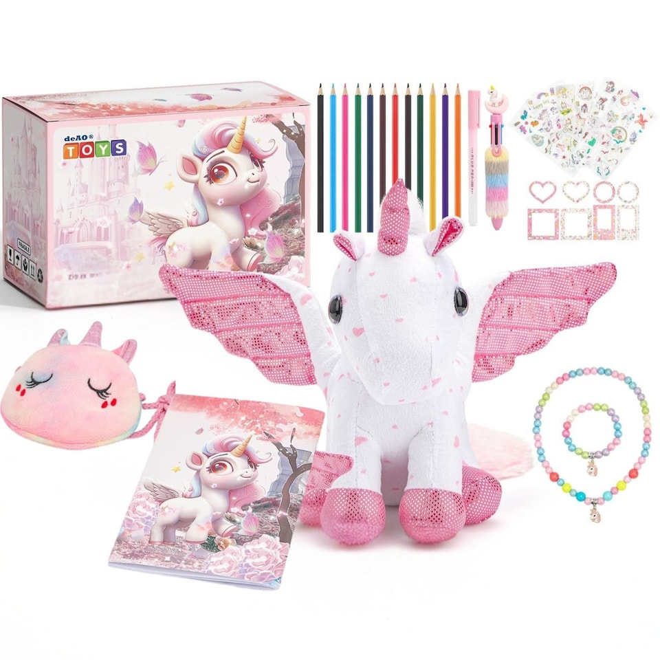 image 1 of 33‑in‑1 Unicorn Plush Toy Gift Set for Girls – Soft Cuddly Stuffed Animal with Diary, Stickers, Colouring Book & Accessories, Birthday Gift for Kids 3–10