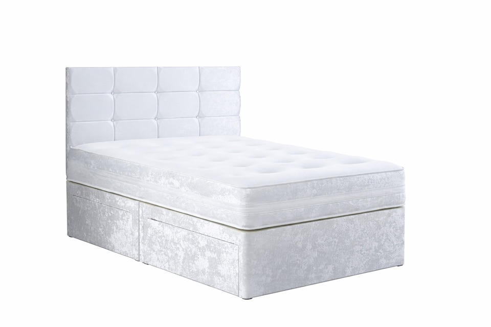 image 1 of 6ft Superking  White Crushed Velvet Divan Bed Set Orthopaedic Mattress with Cube Headboard  2 Drawers Same Side