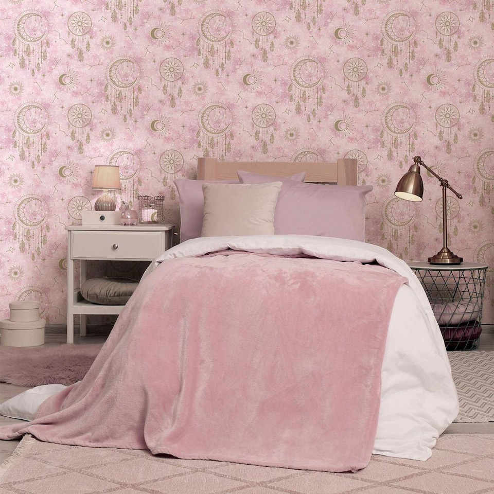 image 1 of WallpaperShop Dreamcatcher Pink Gold Wallpaper Children's Bedroom Feature Wall
