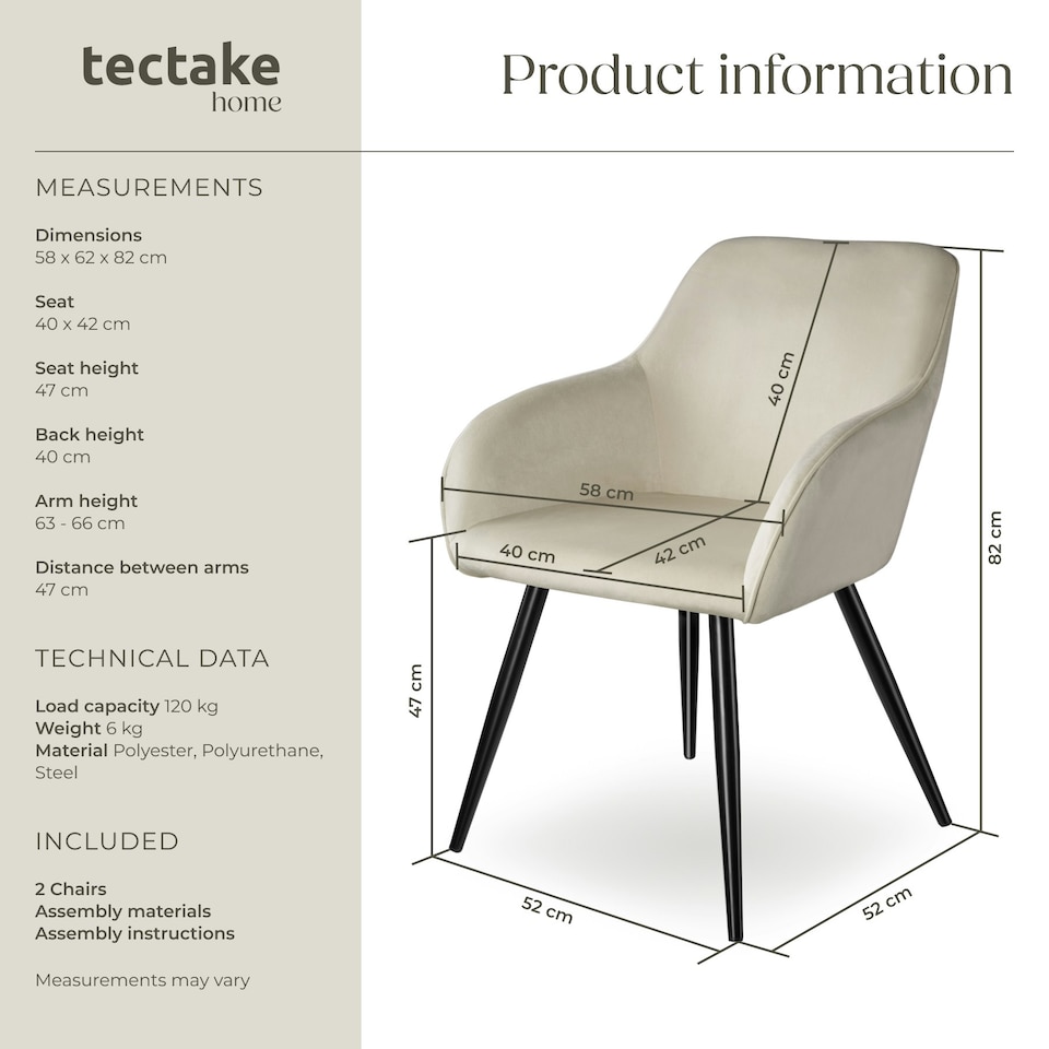 image 1 of Dining Chair Marilyn - with armrests, padded, velvet look, black steel legs - Set of 2 Cream | Cream/Black