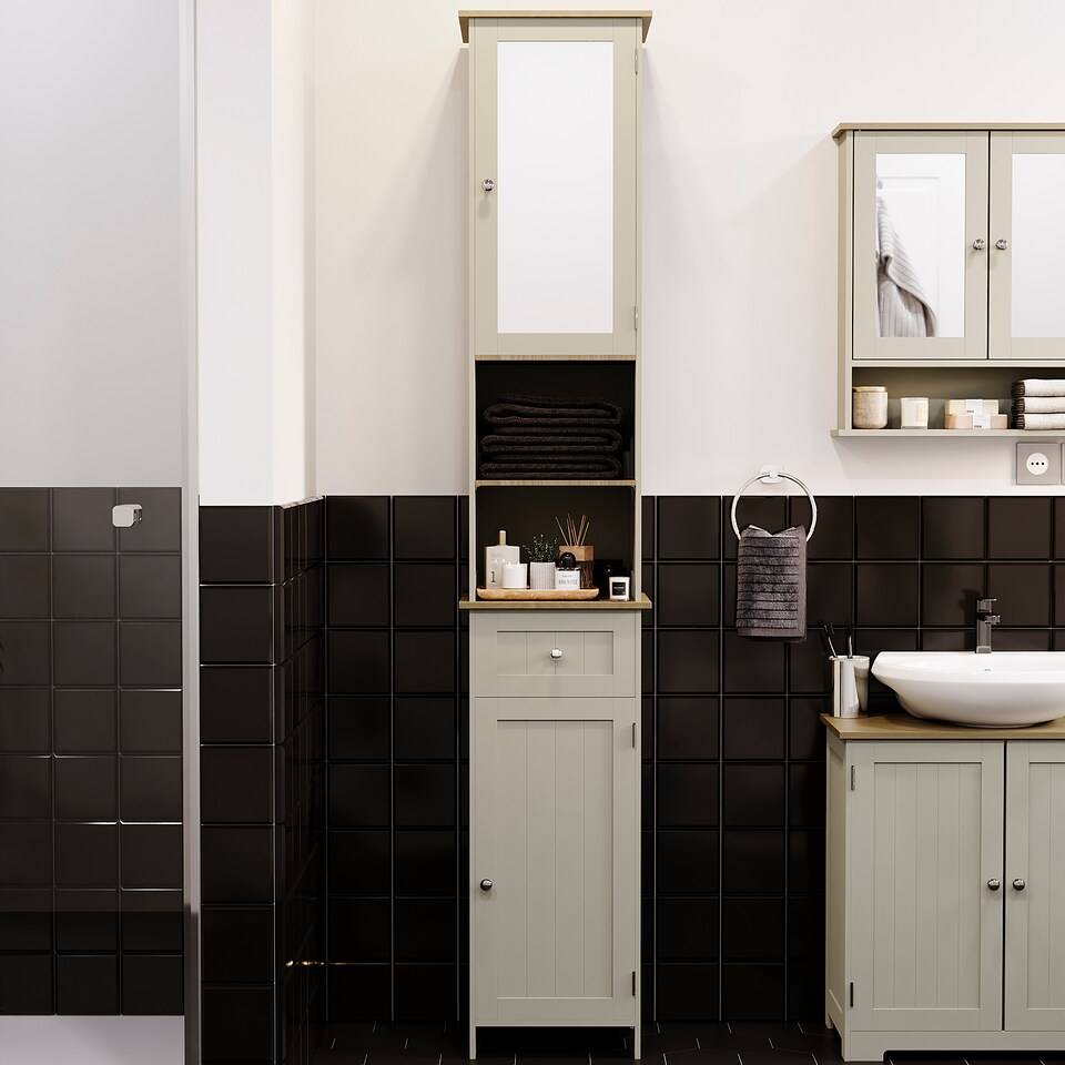 image 1 of Bath Vida Priano 2 Door Tall Bathroom Cabinet With Mirror, Grey & Oak