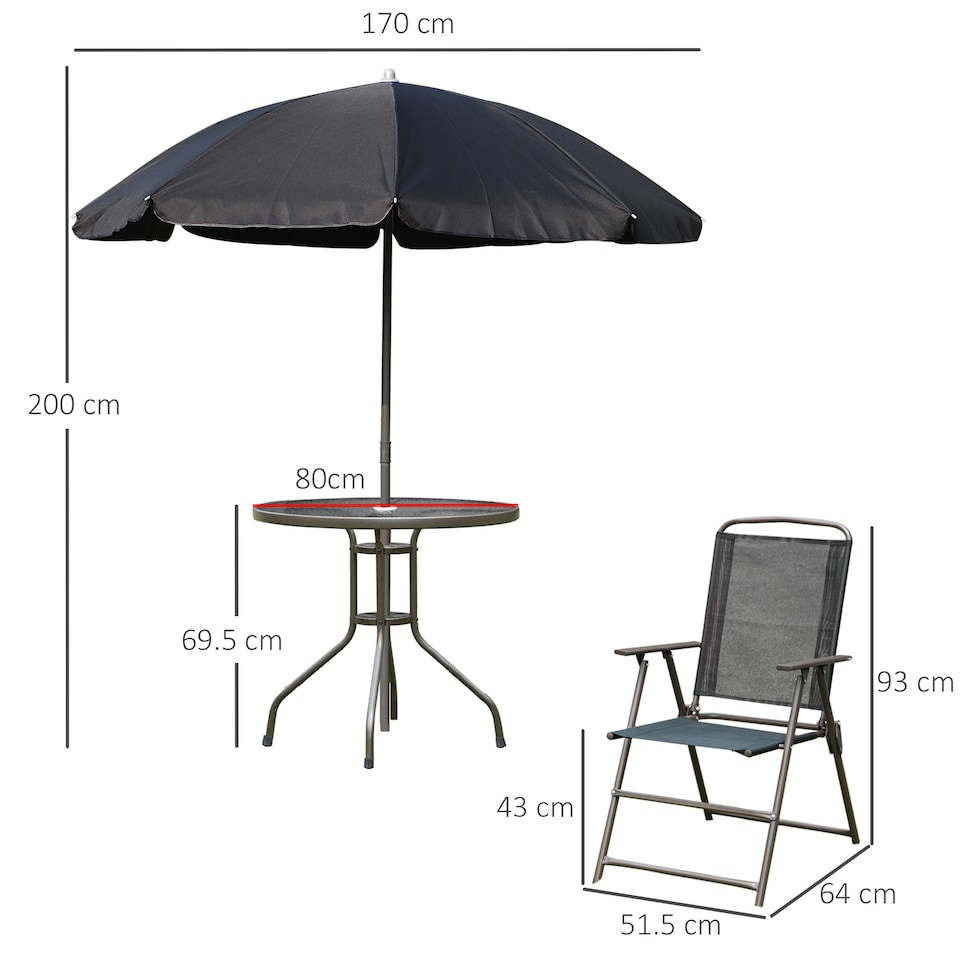 image 1 of Outsunny 6 Piece Garden Dining Set with Umbrella, Patio Sets with Parasol with 4 Folding Dining Chairs & Round Tempered Glass Table, Black