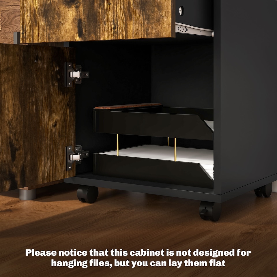 image 1 of HOMCOM 60cm Filing Cabinet with Drawer, Open Shelf, Metal Handles and 4 Wheels, Office Home Organiser Mobile Printer, Rustic Brown
