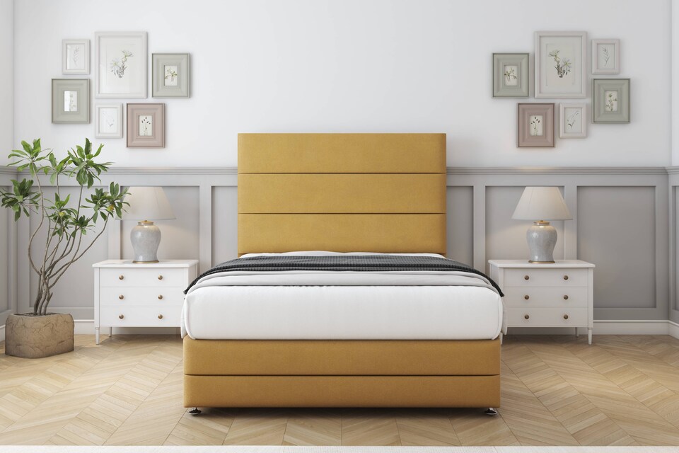image 1 of Sloomy Monaco Mustard Plush Divan Bed Base 4 Drawers With 54 Inch Floor Standing Headboard & 12 Inch Matching Footboard | Gold | Mustard | King | 1